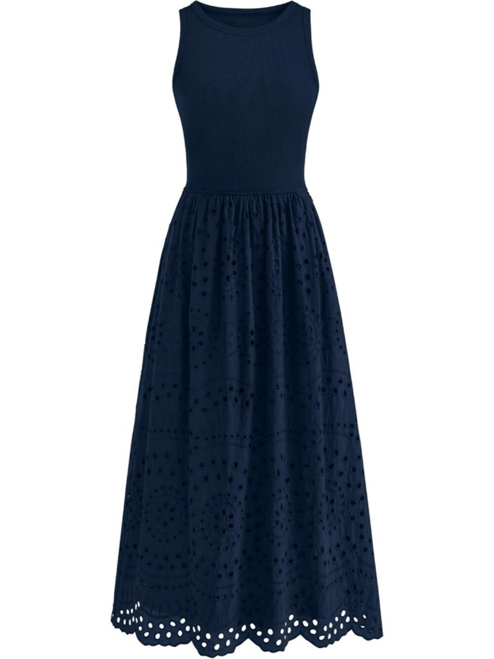 Women's Navy Blue Sleeveless Crew Neck Lace Imported A-line Cotton Maxi Dress